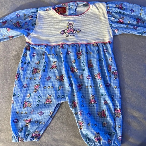 My Pal For Girls Other - Vintage My Pal For Girls Blue Gingham Tea Time Bunny Romper 12M Snap Back 90s